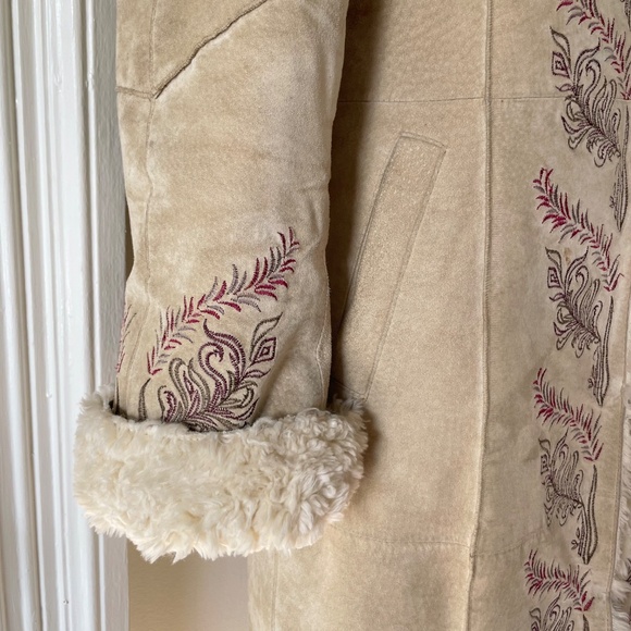 EXPRESS Embroidery & Faux Fur Lined Midi Suede Coat Penny Lane Style| Xsml & Sml - Picture 10 of 16